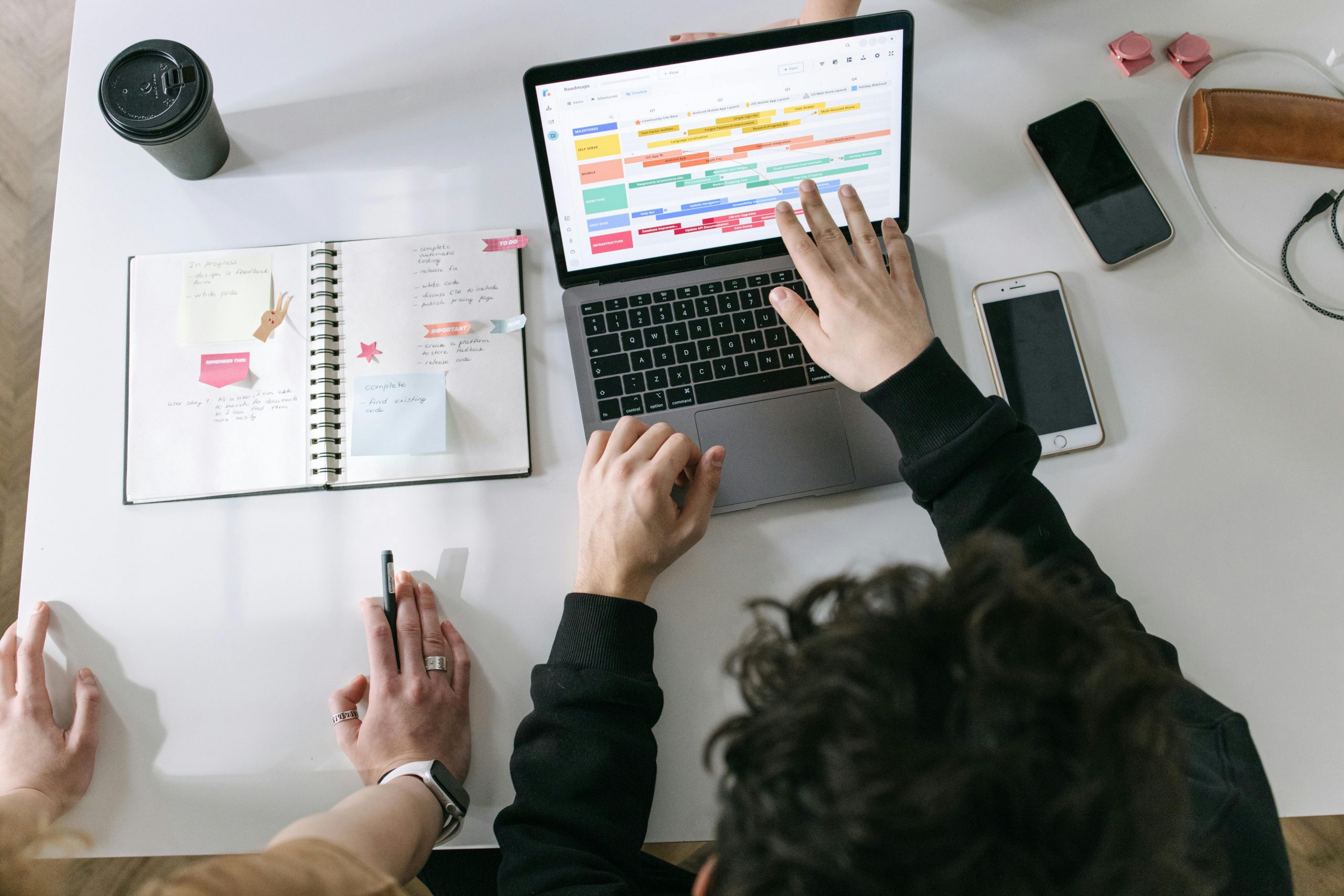 two people looking at a laptop screen displaying the Google Calendar interface